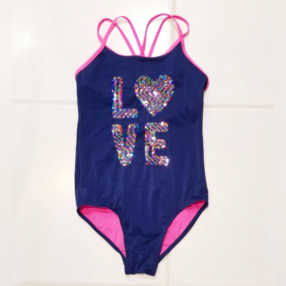 Justice Girls Navy 1pc Swimsuit with Reversible Rainbow Sequin LOVE Detail Sz 14 - Picture 3 of 12